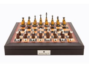 Dal Rossi Italy Brown PU Leather Bevilled Edge chess box with compartments 18" with Staunton Metal/Wood Chessmen