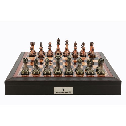 Dal Rossi Brown PU Leather Bevelled Edge 16" with Antique Green and Copper Finish Chessmen