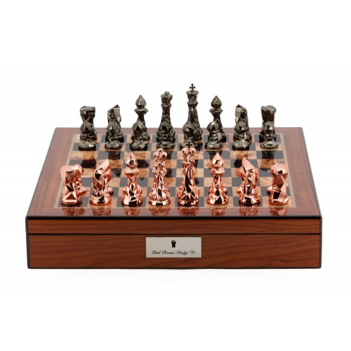 Dal Rossi Chess Set With Diamond-Cut Copper & Bronze 85mm Chessmen on Walnut Finish Chess Box 16” with compartments