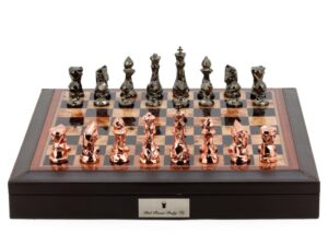 Dal Rossi Italy Brown PU Leather Bevelled Edge chess box with compartments 18" with Diamond-Cut Copper & Bronze Finish Chessmen