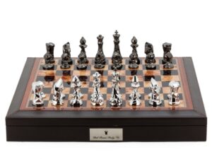 Dal Rossi Italy Brown PU Leather Bevelled Edge chess box with compartments 18" with Diamond-Cut Titanium & Silver Finish Chessmen