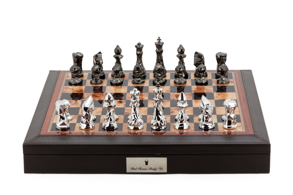 Dal Rossi Italy Brown PU Leather Bevelled Edge chess box with compartments 18" with Diamond-Cut Titanium & Silver Finish Chessmen