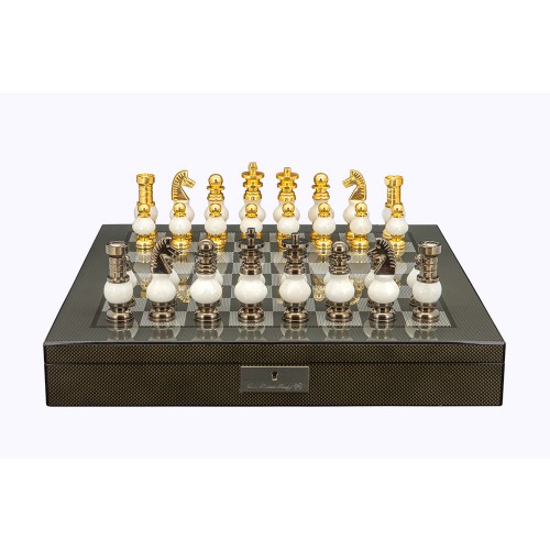 Dal Rossi Italy Chess Set on a 20" Board & Box with White Stone and Gold , Silver Chessmen