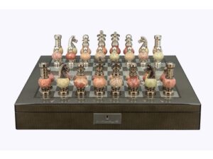 Dal Rossi Italy Chess Set on a 20" Board & Box with Coloured Stone and Metal , Silver Chessmen