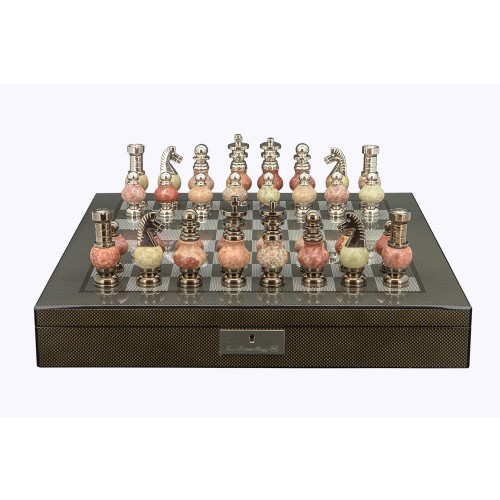 Dal Rossi Italy Chess Set on a 20" Board & Box with Coloured Stone and Metal , Silver Chessmen