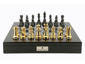 Dal Rossi Italy Gold / Titanium Chess Set on Carbon Fibre Shiny Finish Chess Box 20” with compartments