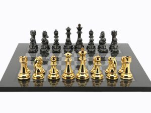 Dal Rossi Italy Gold / Titanium Chess Set on Carbon Fibre Finish Chess Board 50cm
