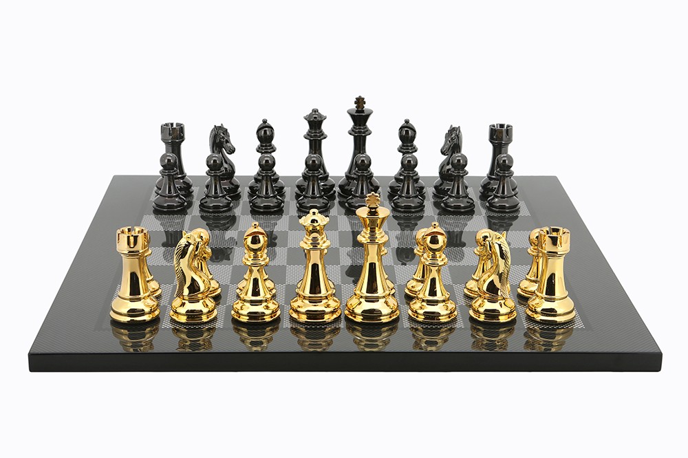 Dal Rossi Italy Gold / Titanium Chess Set on Carbon Fibre Finish Chess Board 50cm