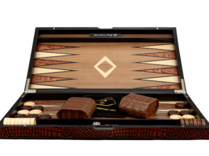 Dal Rossi Wooden Crocodile Engraved Design Backgammon Light Tan Colour Top and Inlaid Wooden Playing Area 18"