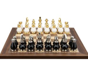 Dal Rossi Italy, Black and White with Gold and Silver Tops and Bottoms Chessmen 90mm on a Walnut Inlaid, 40cm Chess Board