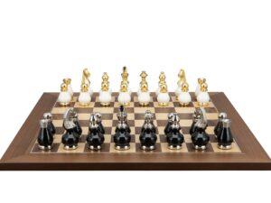 Dal Rossi Italy, Black and White with Gold and Silver Tops and Bottoms Chessmen 90mm on a Walnut Inlaid, 50cm Chess Board
