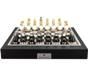 Dal Rossi Italy, Black and White with Gold and Silver Tops and Bottoms Chessmen 90mm on a Black PU Leather Bevelled Edge chess box with compartments 18"