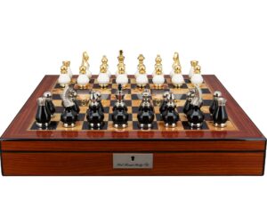 Dal Rossi Italy, Black and White with Gold and Silver Tops and Bottoms Chessmen 90mm on a Walnut Finish Shiny Chess Box with Compartments 20"