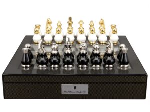 Dal Rossi Italy, Black and White with Gold and Silver Tops and Bottoms Chessmen 90mm on a Carbon Fibre Finish Shiny Chess Box with Compartments 16"
