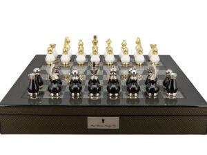 Dal Rossi Italy, Black and White with Gold and Silver Tops and Bottoms Chessmen 90mm on a Carbon Fibre Finish Shiny Chess Box with Compartments 20"
