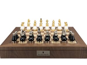 Dal Rossi Italy, Black and White with Gold and Silver Tops and Bottoms Chessmen 90mm  on a Walnut Inlaid Chess Box with Compartments 20"