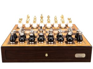 Dal Rossi Italy, Black and White with Gold and Silver Tops and Bottoms Chessmen 90mm  on a Shiny Walnut Chess Box with two Drawers 18"