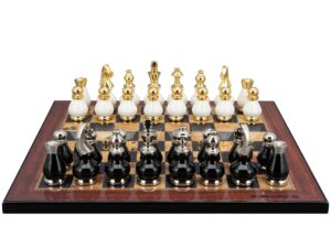 Dal Rossi Italy, Black and White with Gold and Silver Tops and Bottoms Chessmen 90mm on a Walnut Shiny Finish, 40cm Chess Board