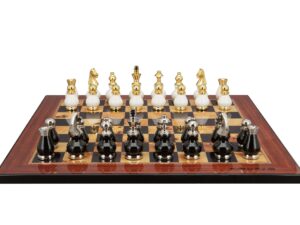 Dal Rossi Italy, Black and White with Gold and Silver Tops and Bottoms Chessmen 90mm on a Walnut Shiny Finish, 50cm Chess Board