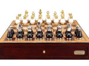 Dal Rossi Italy, Black and White with Gold and Silver Tops and Bottoms Chessmen 90mm  on a Shiny Mahogany Chess Box with two Drawers 18"