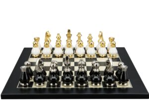 Dal Rossi Italy, Black and White with Gold and Silver Tops and Bottoms Chessmen 90mm on a Black / Erable, 40cm Chess Board