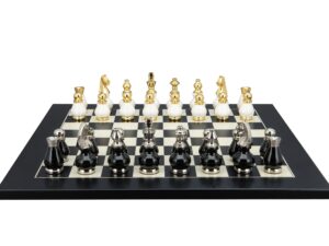 Dal Rossi Italy, Black and White with Gold and Silver Tops and Bottoms Chessmen 90mm on a Black / Erable, 50cm Chess Board