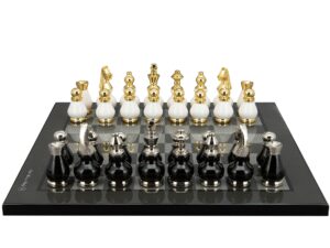 Dal Rossi Italy, Black and White with Gold and Silver Tops and Bottoms Chessmen 90mm on a Carbon Fibre Shiny Finish, 40cm Chess Board