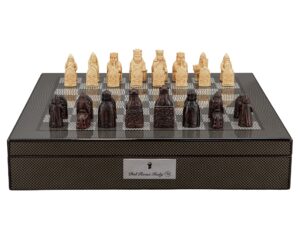 Dal Rossi Italy Isle of Lewis Chess Set on a Carbon Fibre Shiny Finish Chess Box 16” with compartments