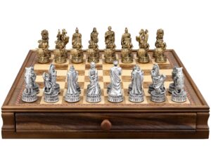 Dal Rossi Italy Roman Chessmen on a Walnut Box with Drawer 15"