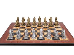Dal Rossi Italy Roman Chessmen  on a Walnut Shiny Finish, 50cm Chess Board