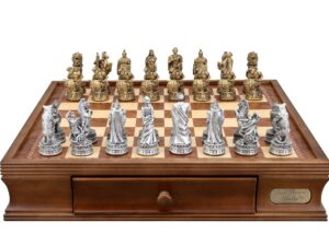 Dal Rossi Italy Roman Chessmen on a Walnut Chess Box with Drawers 16"