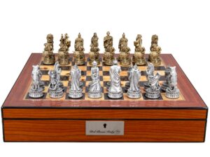 Dal Rossi Italy Roman Chessmen on a Walnut Finish Shiny Chess Box with Compartments 16"