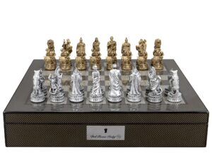 Dal Rossi Italy Roman Chessmen on a Carbon Fibre Finish Shiny Chess Box with Compartments 16"