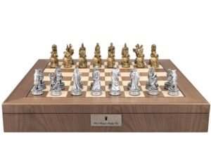 Dal Rossi Italy Roman Chessmen on a Walnut Inlaid Chess Box with Compartments 20"
