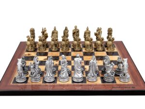 Dal Rossi Italy Roman Chessmen  on a Walnut Shiny Finish, 40cm Chess Board
