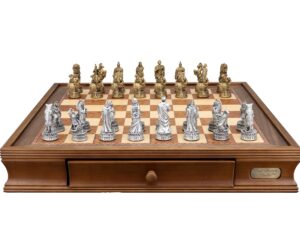 Dal Rossi Italy Roman Chessmen on a Walnut Chess Box with Drawers 20"