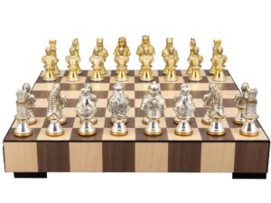 Dal Rossi Italy, Medieval Warriors Metal Chessmen 85mm on a Chess Set with Drawer 14"