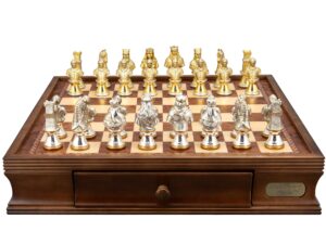Dal Rossi Medieval Warriors Metal Chessmen 85mm on a Walnut Inlaid Chess Box with Drawers 16"