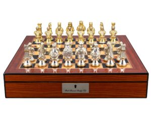 Dal Rossi Medieval Warriors Metal Chessmen 85mm on a Walnut Finish Shiny Chess Box with Compartments 16"