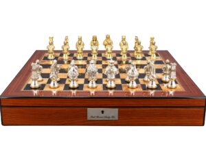Dal Rossi Medieval Warriors Metal Chessmen 85mm on a Walnut Finish Shiny Chess Box with Compartments 20"