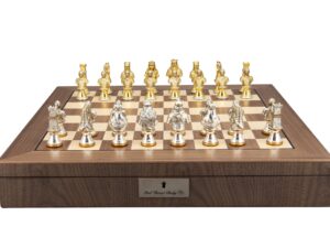 Dal Rossi Medieval Warriors Metal Chessmen 85mm on a Walnut Inlaid Chess Box with Compartments 20"