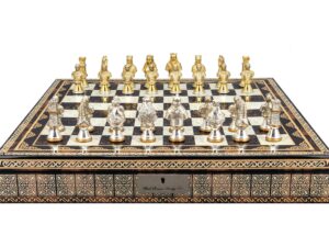 Dal Rossi Medieval Warriors Metal Chessmen 85mm on a Mosaic Finish Shiny Chess Box with Compartments 20"