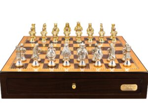 Dal Rossi Italy, Medieval Warriors Metal Chessmen 85mm on a Shiny Mahogany Chess Box with two Drawers 18"