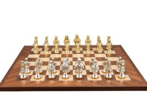 Dal Rossi Italy, Medieval Warriors Metal Chessmen 85mm on a Mahogany / Maple, 50cm Chess Board