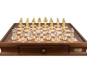Dal Rossi Medieval Warriors Metal Chessmen 85mm on a Walnut Inlaid Chess Box with Drawers 20"