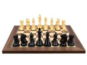 Dal Rossi Italy, Ebony Finish / Boxwood 95mm Wood Double Weighted on a Walnut Inlaid, 40cm Chess Board