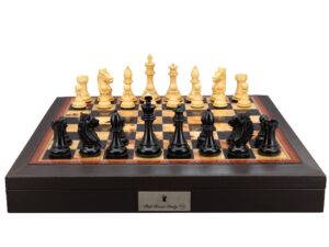 Dal Rossi Italy, Ebony Finish / Boxwood 95mm Wood Double Weighted on a Brown PU Leather Bevelled Edge chess box with compartments 18"