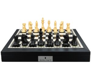 Dal Rossi Italy, Ebony Finish / Boxwood 95mm Wood Double Weighted on a Black PU Leather Bevelled Edge chess box with compartments 18"