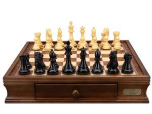 Dal Rossi Ebony Finish / Boxwood 95mm Wood Double Weighted on a Walnut Inlaid Chess Box with Drawers 16"