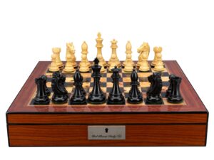 Dal Rossi Italy, Ebony Finish / Boxwood 95mm Wood Double Weighted on a Walnut Finish Shiny Chess Box with Compartments 16"